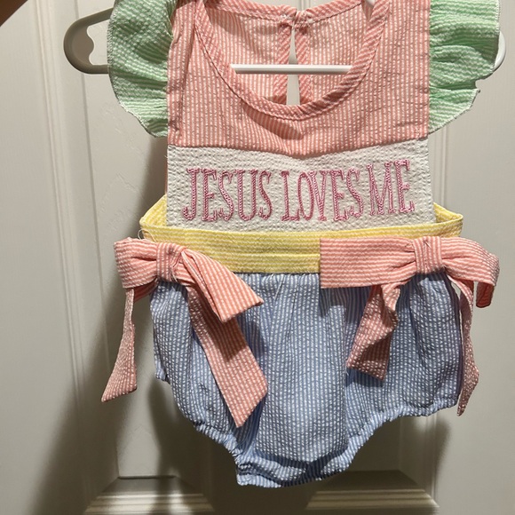 Colorful Kids Romper with 'Jesus Loves Me' Embroidery - Picture 1 of 2